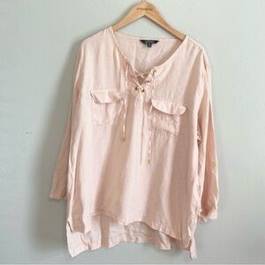 Ellen Tracy Light Pink Long Sleeve Renaissance Lace Up 100% Linen Blouse XXL